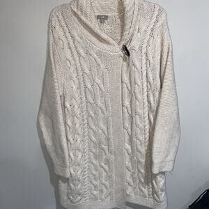 J Jill Cream Cable Knit Long Wool Blend One Button Cardigan Sweater Pockets Sz M